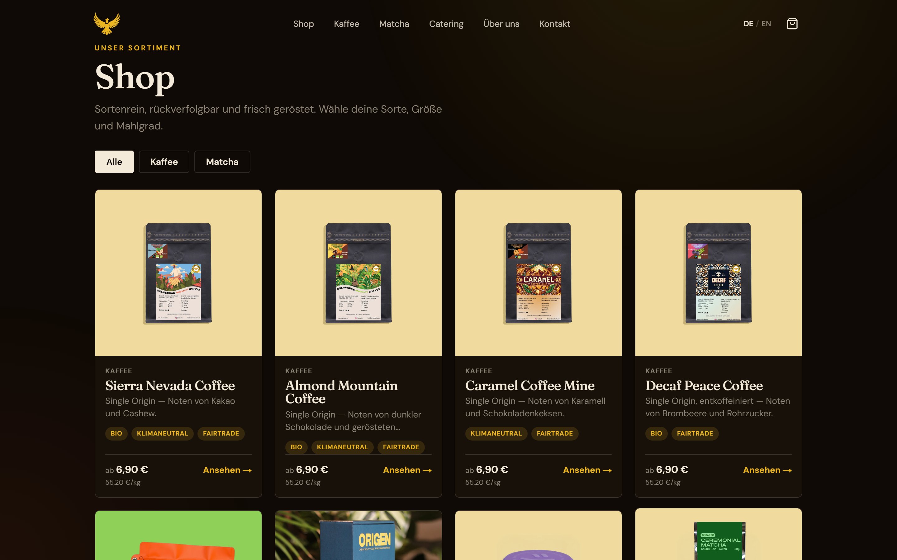 Página de tienda de RASCH Café con productos, filtros y Grundpreis por kilo